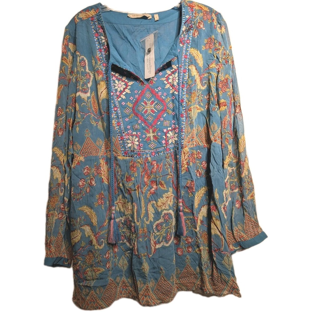 Soft Surroundings Tunic Top Women L Blue Mirapan Embroidered Boho Tassel NWT
